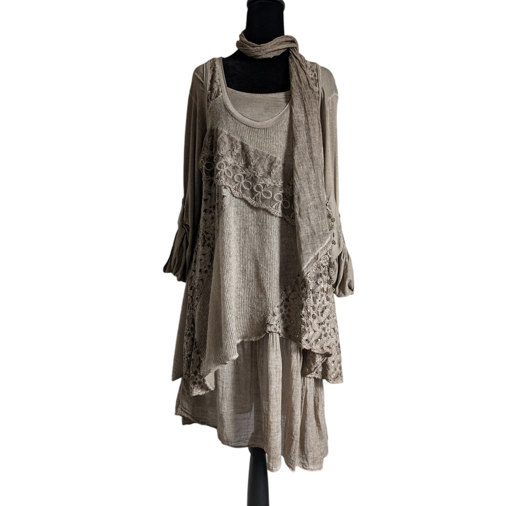 Made In Italy 00s Lagenlook Fairy Grunge Beige Asymmetrical Knitted Tunic Dress